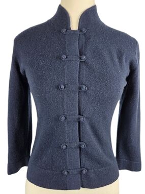 Autumn Cashmere 100% Pure Cashmere Mandarin Collar Frog Closure Cardigan Navy